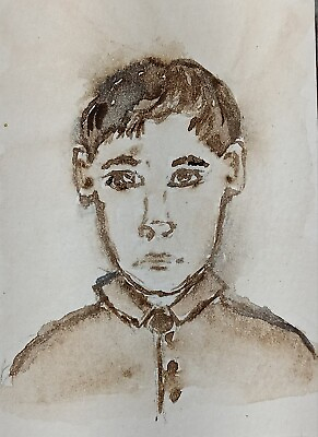 #ad ACEO Original Watercolor Modern Art Painting Boy Child English Vintage Sepia $6.98