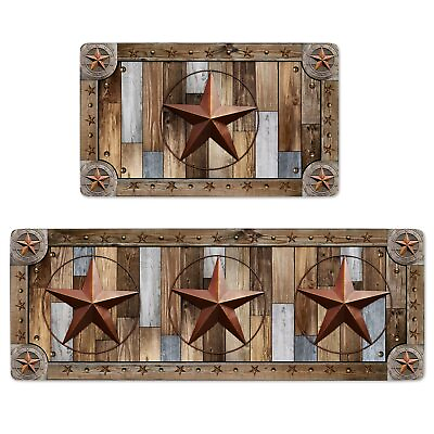 #ad Farmhouse Wood Kitchen Rugs Mats Set of 2 Rustic Texas Star Anti Fatigue Cush... $37.84