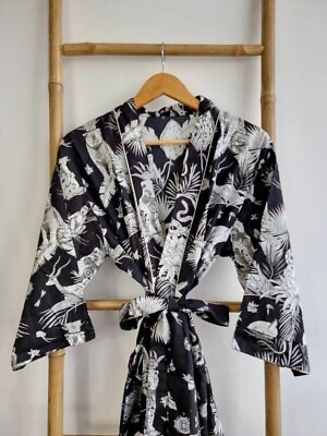 #ad Black White Animal Art Bath Robe Handmade Long Cotton Kimono Night Gown Dress $28.49