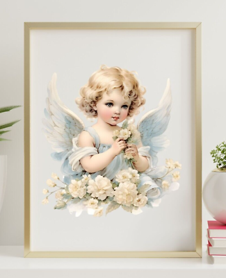 #ad Angel Wall Art Print Angel And White Flowers Art Print Wall Art Decor Cherub $9.99