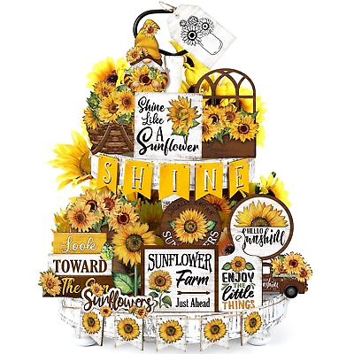 #ad 26 Pcs Sunflower Tiered Tray Decoration Summer Wood Signs Summer Kitchen deco... $25.45