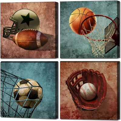 #ad Framed Sports Wall Art Decor for Bedroom Rustic 12”x12” 4 pieces $22.99