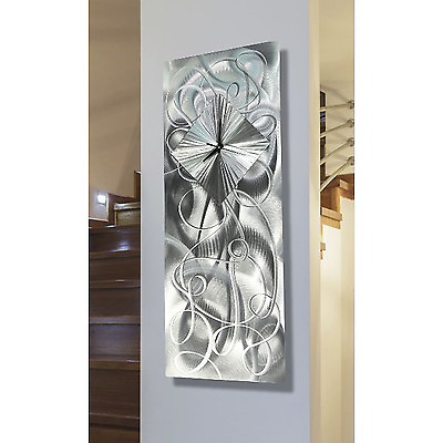#ad Abstract Silver Metal Wall Clock Art Etched Hanging Sculpture Modern Home Decor $140.00