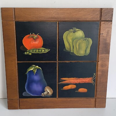 #ad Vintage 1970s Hand Painted Vegetables on Wood Kitchen Wall Art Hanging Plaque $32.00