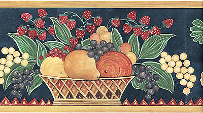 Fruit Bowl Basket Strawberry Grape Apple Art Deco Kitchen Blue Wallpaper Border $29.74
