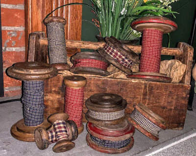 #ad Farmhouse Primitive Vintage Wood Spools with Homespun Fabric 4 sizes Rustic $8.00