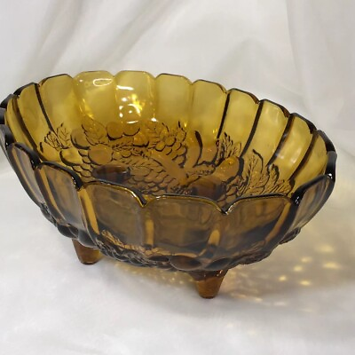 #ad 12.25” Vintage Amber Glass Footed Bowl Oval Indiana Harvest Grape Decor❤️ $32.50