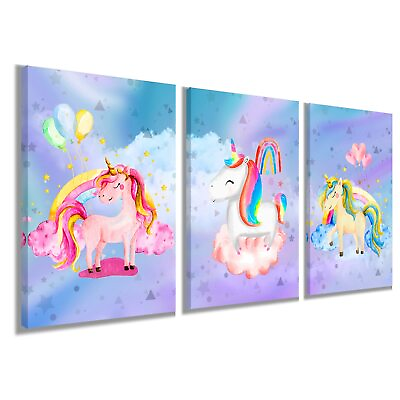 #ad Unicorn Wall Art Girl#x27;s Bedroom Decor Rainbow Canvas Pictures for Kids Nurs... $51.40