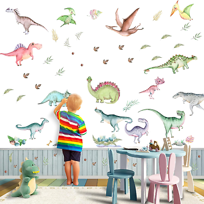 #ad 109 Pieces Watercolor Dinosaur Wall Decals Removable Dinosaur Feet Stickers Bed $19.58