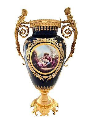 #ad Vase Porcelain Cobalt Blue with Golden Cherub Design Rococo Style Vintage Decor $1600.00