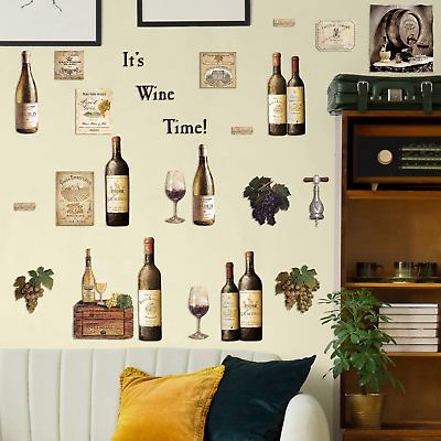#ad 8 Sheets Wine Bottle Kitchen Wall Decals Grape Fruit Wall Stickers Wine Kitchen $14.06