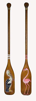 #ad SET 2 NAUTICAL OAR PADDLE WITH FLAMINGO AND PELICAN WOODEN WALL ART DECOR 40 IN $54.94