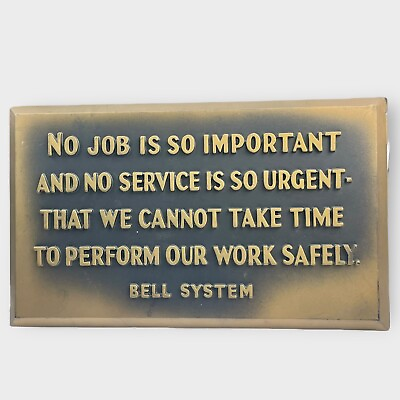 #ad VTG PlastiVue Bell System Telephone Wall Office Sign No Job Is So Important Gold $39.99