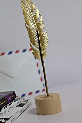 #ad Home Decor Golden Metal Feather Design With Wooden Base Beautiful $2.99