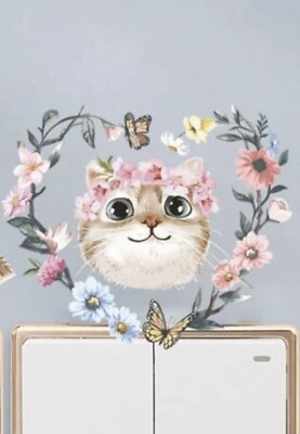 #ad NEW 4.5” Tan Cat Face Heart Flowers amp; Butterflies Switch Wall Sticker Car Decal $8.99