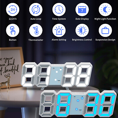 Digital 3D LED Big Wall Desk Alarm Clock Snooze 12 24 Hours Auto Brightness USB $10.89