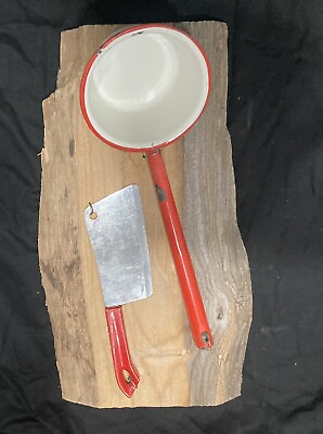 #ad 1940’s Soup Ladle And Red Handle Cleaver Cabin country kitchen decor Wood plaque $39.99