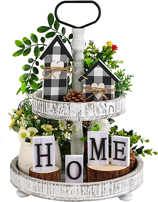#ad 6Pcs Farmhouse Tiered Tray Decor Set with Buffalo Plaid Decor for Rustic Home Ki $15.88
