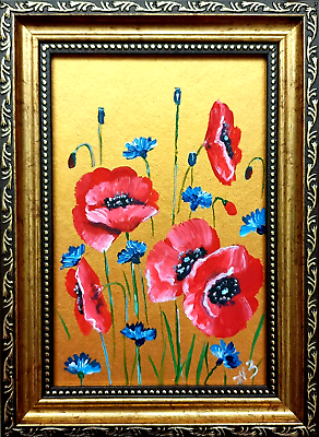 #ad Poppy Cornflowers Painting Red Flowers Original Small Art Antique Gold Framed $50.00