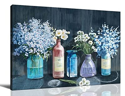 #ad Bathroom Wall ArtWhite Flower in Blue Vase Canvas Prints Wall Art 12x16 blue $17.44