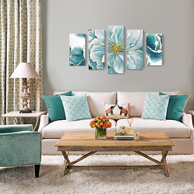 #ad Canvas Wall Art for Living Room Abstract Teal Floral Canvas Artwork with Hand... $114.38
