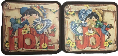 2 Joy Home Wood Wall Plaques Country Decor Rustic Vintage Hanging 11 x 10 MCM $19.99