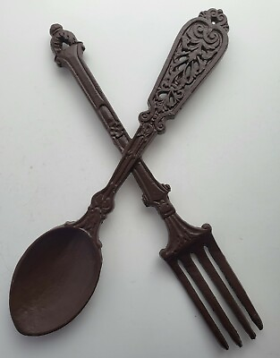 #ad #ad Heavy Cast Metal Spoon And Fork Wall Hanging Painted Brown Cafe Bistro Kitchen $34.99