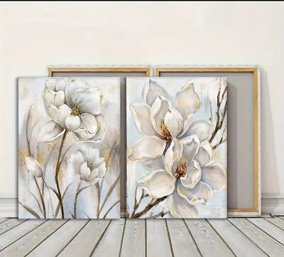 #ad 2pcs Wooden Framed Canvas Poster Modern Art Flower Oil Painting Ready To Hang $28.00