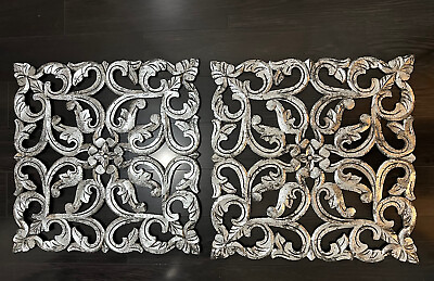 #ad Carved Wood Wall Plaques Wall Decor Size 24quot; Square Set of Two Silver $50.00