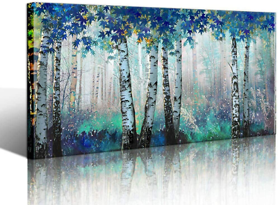 #ad White Birch Forest Wall Art Decor Canvas Picture Print Blue Green Tree Blue Mapl $112.99