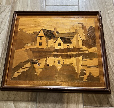 #ad Solid Wood Marquetry Etched Wood Cottage Landscape Water Front Wall Decor Plaque $26.36