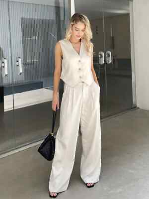 #ad Women Linen Top Pants 2 Pcs Sets Summer Sets Female Matching Sets White Beige US $86.92