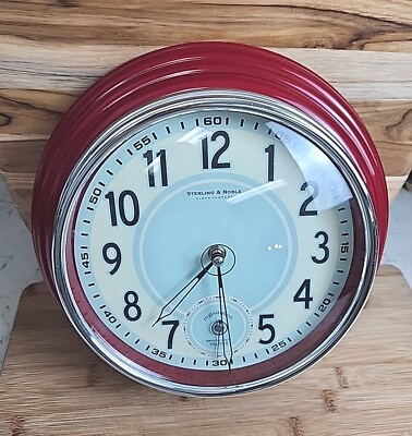 #ad Vtg Sterling amp; Noble Retro Art Deco Style Diner Wall Clock Red Round SEE VIDEO $40.00