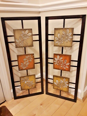 #ad Stunning Set of 2 Metal Wall Art With Floral Cutout Beautiful Colors 12x30 Each $74.14