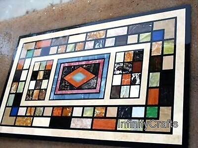#ad Multicolor Gemstone Inlay Work Dinette Table Top Rectangle Marble Kitchen Table $4012.47