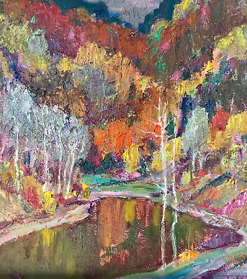 #ad #ad Original Painting Vintage Home Decor Forest Lake Art Autumn Fall Nature Artwork $260.00
