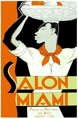 #ad #ad 7528.Salon Miami.Man with basket of food on head.POSTER.art wall decor $37.00