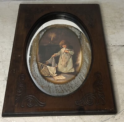 #ad VTG The Woodsmen Reflective Art Pine Wood Framed Mirrored Wall Decor Girl Dog $26.95