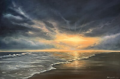 #ad Silence. Original Oil Painting 24x36”. Seascape Art. Beach View Sunset. Gift Art $1399.00