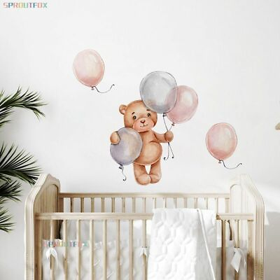#ad Balloon Bear Wall Stickers Baby Boys Kids Room Nursery Decoration Nordic Decal $17.60