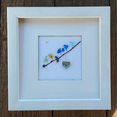 #ad #ad Birds framed sea glass Wall art decorpebble art lovers birds family home gift $45.00