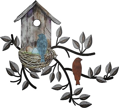 #ad Birds Wall Decor Metal Tree with Birdhouse Wall Art Hanging Outdoor Wall Brown $14.51