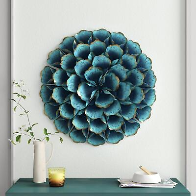 #ad Teal Blue Flower Wall Art Sculpture Distressed 3 D Metal Floral Petals Decor $92.60