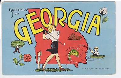 #ad Greetings from Georgia Lady Golfer cartoon vintage GA Postcard view 1956 POSTED $12.99