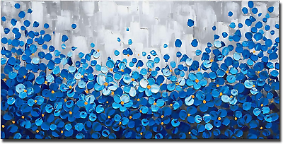 #ad Textured Blue Flowers Canvas Wall Art Hand Painted Modern Decoration Oil Paintin $95.99
