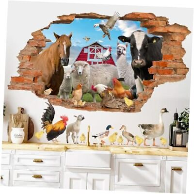#ad Farm Animals Wall Stickers 3D Broken Wall Decals Peel and Stick Colorful $28.09