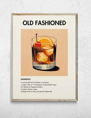 #ad #ad Old Fashioned Recipe Cocktail Glass. Bar drinks print. Gallery Wall Art Poster $55.00