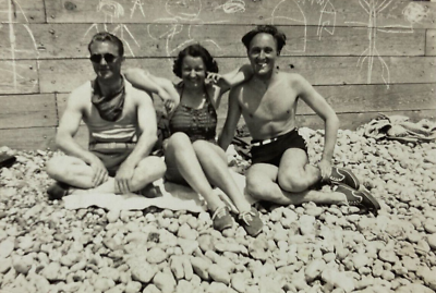 #ad Woman Between Two Men In Swimsuits By Wall On Beach Bamp;W Photograph 2.5 x 3.5 $9.99