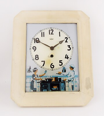 #ad RARE Vintage 1930s KIENZLE Wall Kitchen Clock w Glass Panel Cooks Spritz Dekor $430.00