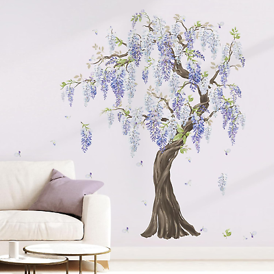 #ad Purple Flower Tree Wall Stickers Large Tree Hanging Wisteria Floral Peel and Sti $31.11